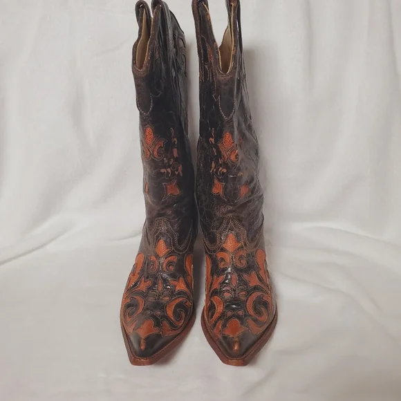 Ladies Corral Brown Goat Leather Distressed Pointed Toe Western Boots Size 7.5 M